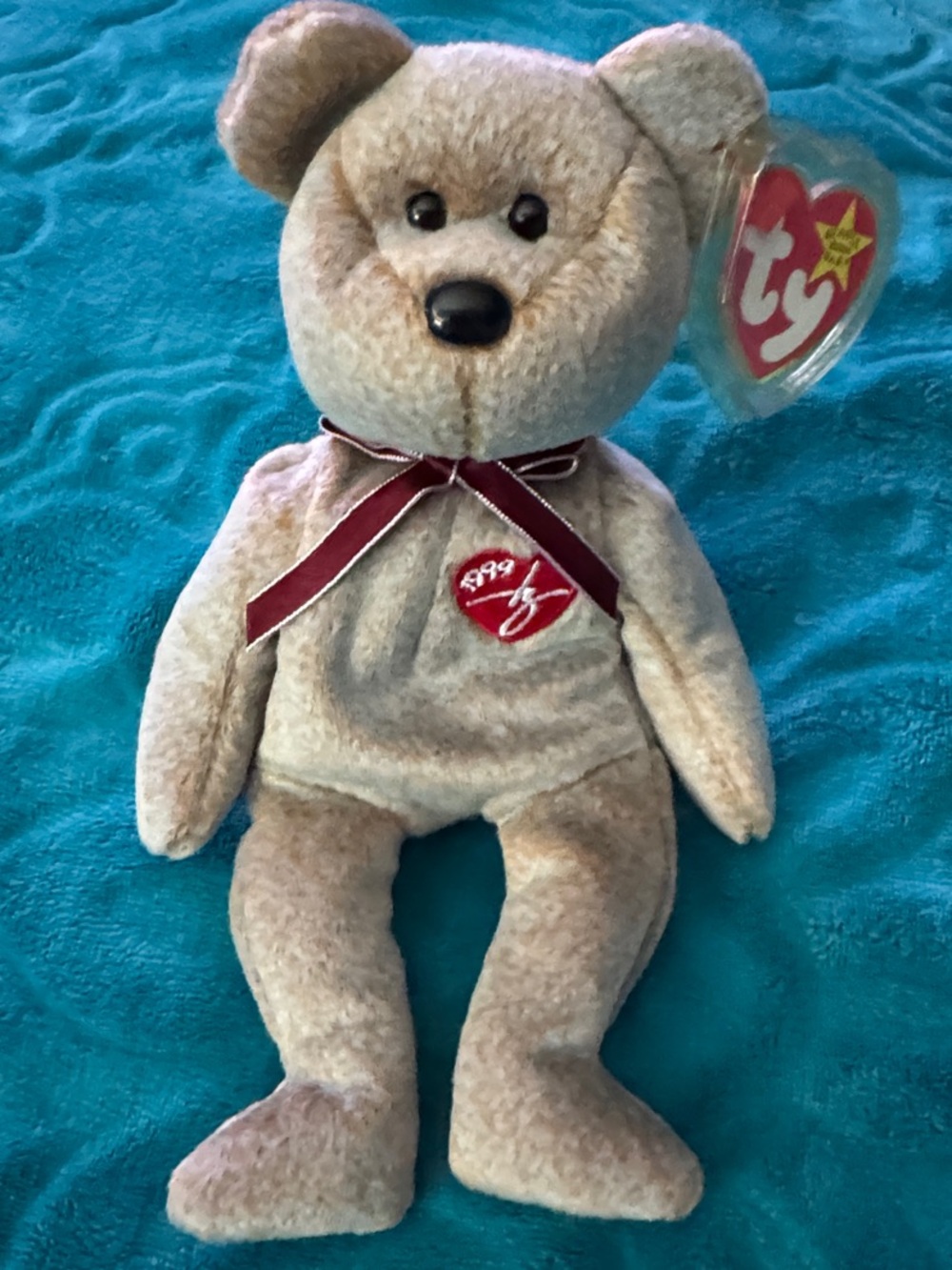 Ty 1999 Beanie Baby Bear Plush with Burgundy Ribbon